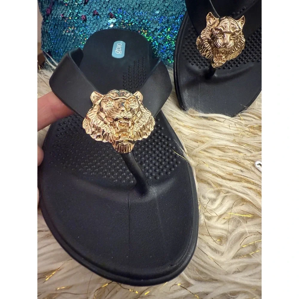 New Okab Black Licorice Gold Lion Head Rubber Flip Flop Thong Sandals Womens M/L